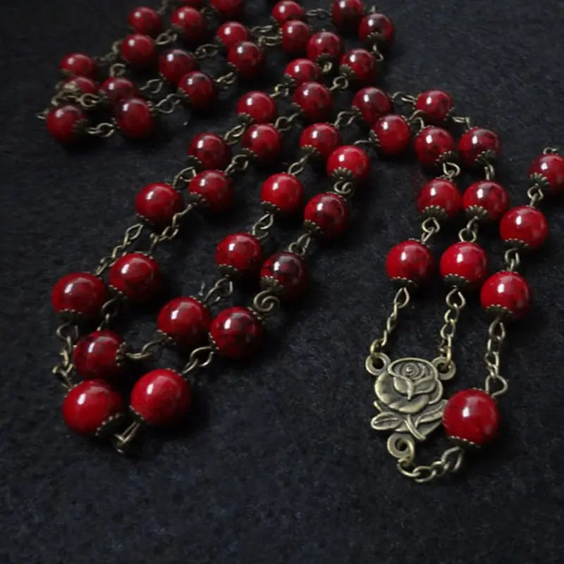 Antique Bronze Rose Cross Rosary Necklace Glass Beads Cup Religious Jewelry
