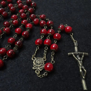 Antique Bronze Rose Cross Rosary Necklace Glass Beads Cup Religious Jewelry