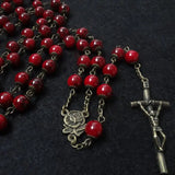 Antique Bronze Rose Cross Rosary Necklace Glass Beads Cup Religious Jewelry
