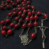 Antique Bronze Rose Cross Rosary Necklace Glass Beads Cup Religious Jewelry