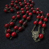 Antique Bronze Rose Cross Rosary Necklace Glass Beads Cup Religious Jewelry