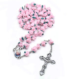Red Polymer Clay Rose Cross Rosary Necklace Religious Prayer Jewelry