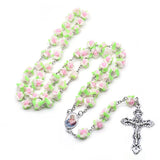 Red Polymer Clay Rose Cross Rosary Necklace Religious Prayer Jewelry