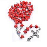 Red Polymer Clay Rose Cross Rosary Necklace Religious Prayer Jewelry