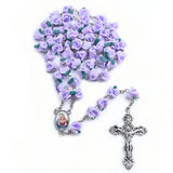 Red Polymer Clay Rose Cross Rosary Necklace Religious Prayer Jewelry