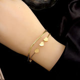 Double Flat Snake Layer Chain Stainless Steel Heart Beads Bracelet