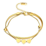 Double Flat Snake Layer Chain Stainless Steel Heart Beads Bracelet