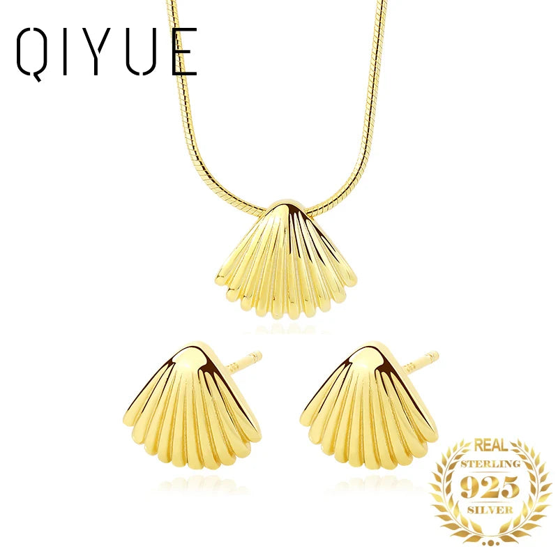 925 Silver Shell Chain Necklace Earrings Set