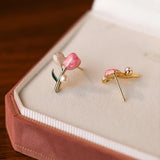 French Party Birthday Sterling Silver 925 Pink Tulip Stud Earring Vintage Jewelr