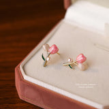French Party Birthday Sterling Silver 925 Pink Tulip Stud Earring Vintage Jewelr