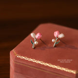 French Party Birthday Sterling Silver 925 Pink Tulip Stud Earring Vintage Jewelr