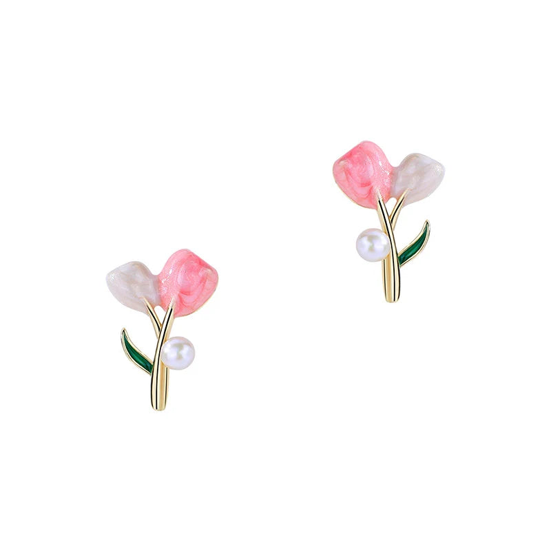 French Party Birthday Sterling Silver 925 Pink Tulip Stud Earring Vintage Jewelr