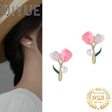 French Party Birthday Sterling Silver 925 Pink Tulip Stud Earring Vintage Jewelr