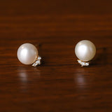 French Sterling Silver 999 Zircon Round Pearl Women Stud Earrings