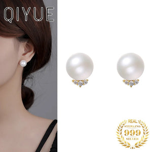 French Sterling Silver 999 Zircon Round Pearl Women Stud Earrings