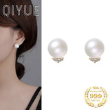 French Sterling Silver 999 Zircon Round Pearl Women Stud Earrings