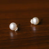 French Sterling Silver 999 Zircon Round Pearl Women Stud Earrings