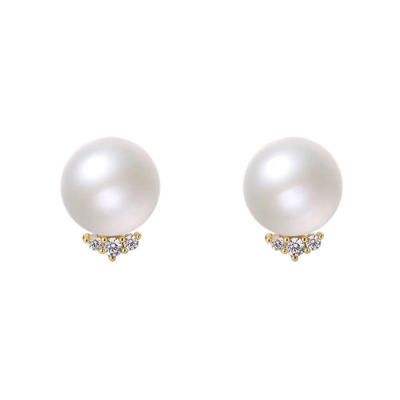 French Sterling Silver 999 Zircon Round Pearl Women Stud Earrings
