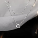 Silver Zircon Round Pendant Necklace Double Layer Chain Party