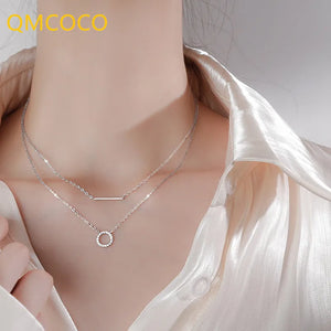 Silver Zircon Round Pendant Necklace Double Layer Chain Party