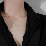 Silver Zircon Round Pendant Necklace Double Layer Chain Party