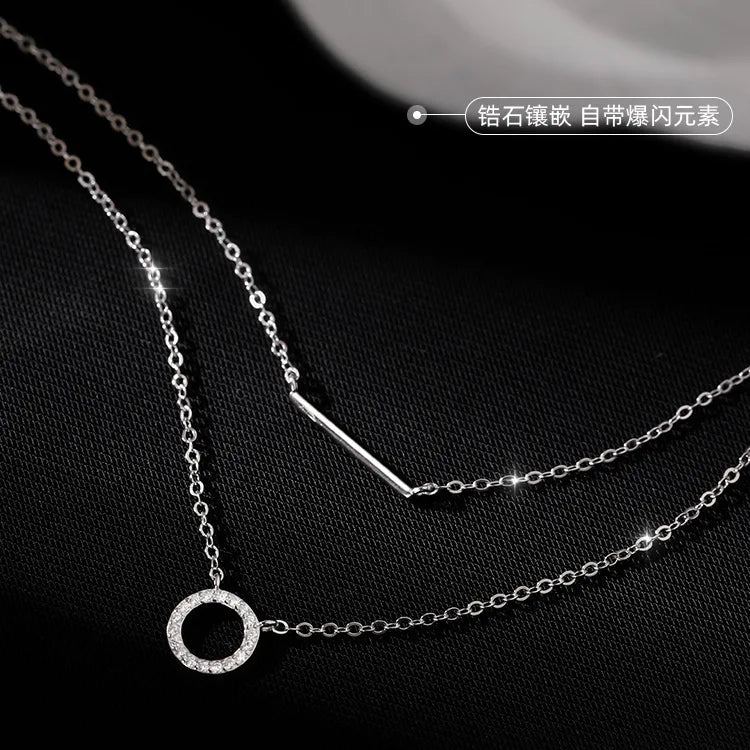 Silver Zircon Round Pendant Necklace Double Layer Chain Party
