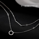 Silver Zircon Round Pendant Necklace Double Layer Chain Party