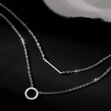 Silver Zircon Round Pendant Necklace Double Layer Chain Party