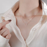 Silver Zircon Round Pendant Necklace Double Layer Chain Party