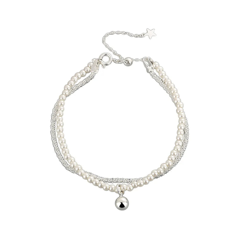 Silver Color Bracelet Pearl Double Chain Women Round Beads INS Bracelet
