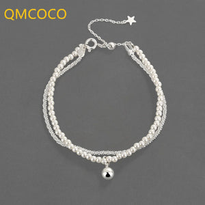 Silver Color Bracelet Pearl Double Chain Women Round Beads INS Bracelet