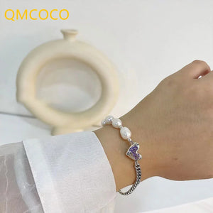 Heart-Shaped Pearl Chain Bracelet Silver Woman Wedding