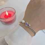 Heart-Shaped Pearl Chain Bracelet Silver Woman Wedding