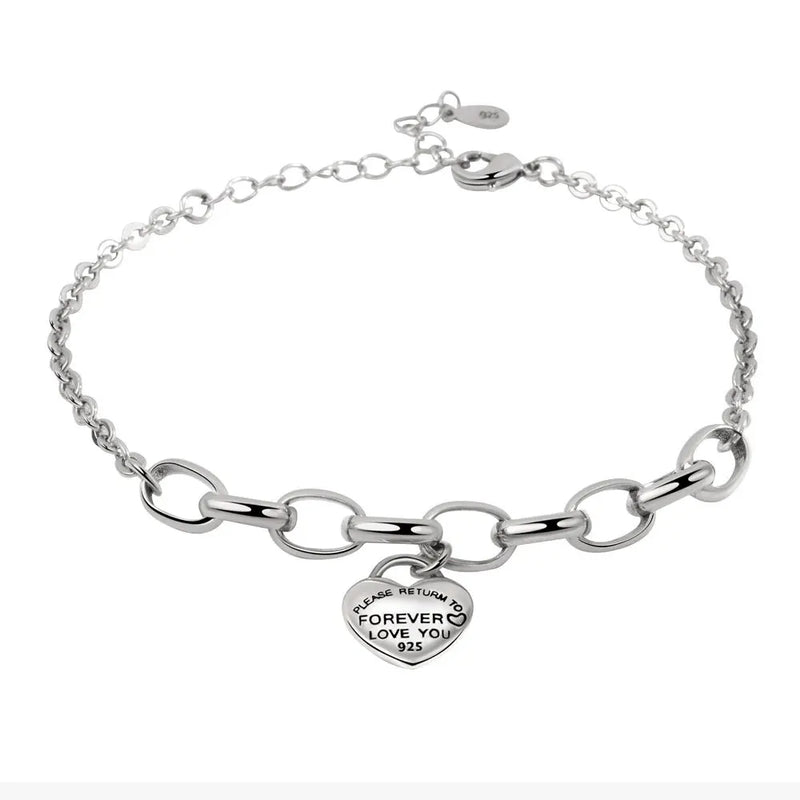 Retro Bracelet Heart-Shape Pendant Chain Silver Bracelet Women's Fine Jewelry