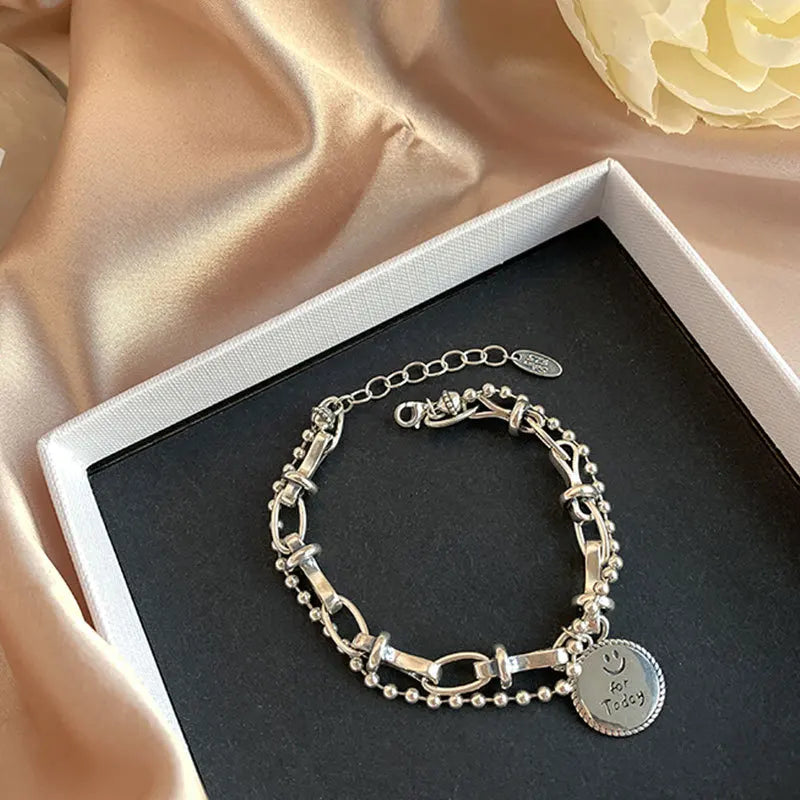 Unique Double Chain Smile Face Silver Bracelet
