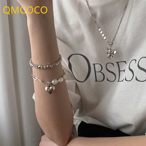 Silver Chain Bracelet Summer Pearls LOVE Heart-Shape Jewelry