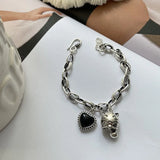 Silver Bear Heart-Shape Letter Pendant Bracelet Women Punk Jewelry