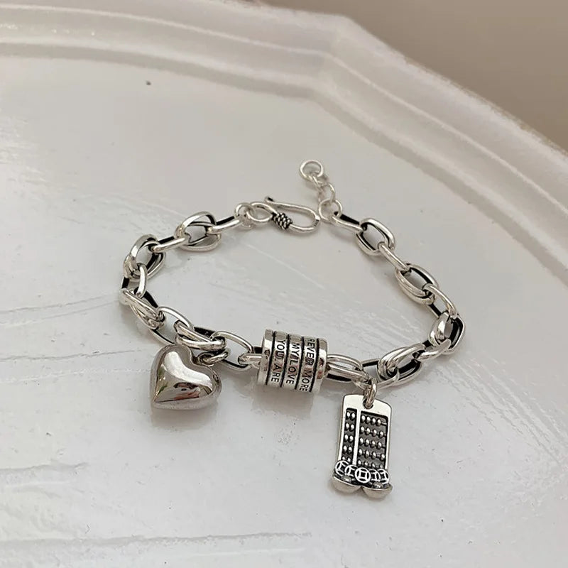 Silver Punk Bracelets Women Vintage Creative Abacus Love Heart-Shape Thick Chain