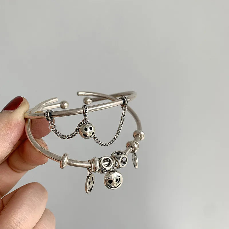 Silver Smile Face Charms Beads Chain Punk Bracelet Bangles Women Jewelry
