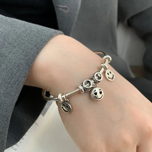 Silver Smile Face Charms Beads Chain Punk Bracelet Bangles Women Jewelry