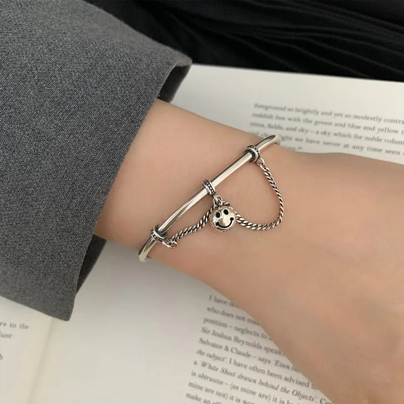 Silver Smile Face Charms Beads Chain Punk Bracelet Bangles Women Jewelry