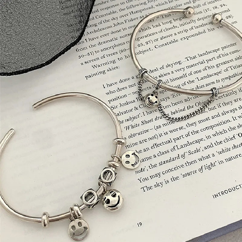 Silver Smile Face Charms Beads Chain Punk Bracelet Bangles Women Jewelry