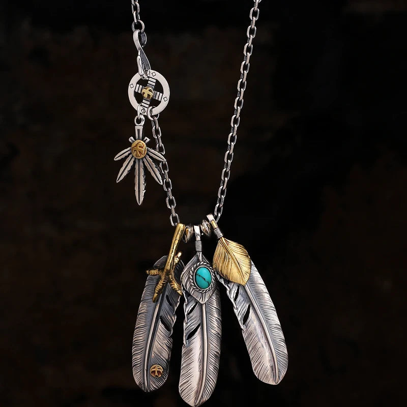 Vintage Style Turquoise Eagle Claw Feather Necklace for Women Men