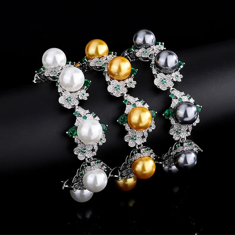 Vintage 925 Silver Flower Pearl Bracelet for Women CZ Stone Charms Bangles
