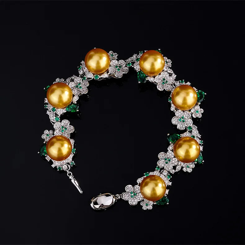 Vintage 925 Silver Flower Pearl Bracelet for Women CZ Stone Charms Bangles