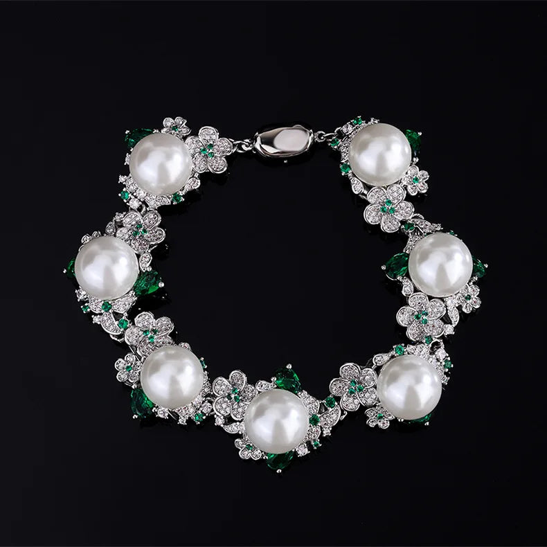 Vintage 925 Silver Flower Pearl Bracelet for Women CZ Stone Charms Bangles