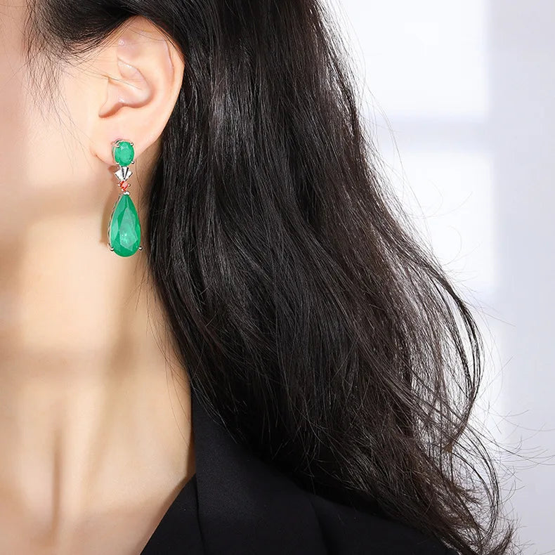 Vintage 925 Silver Paraiba Tourmaline Emerald Drop Earrings