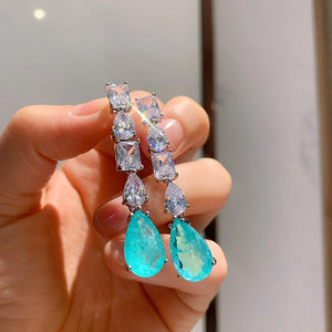 Long Hanging Earrings Paraiba Lab Emerald Water Drop Tourmaline Stone Earrings