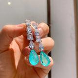 Long Hanging Earrings Paraiba Lab Emerald Water Drop Tourmaline Stone Earrings