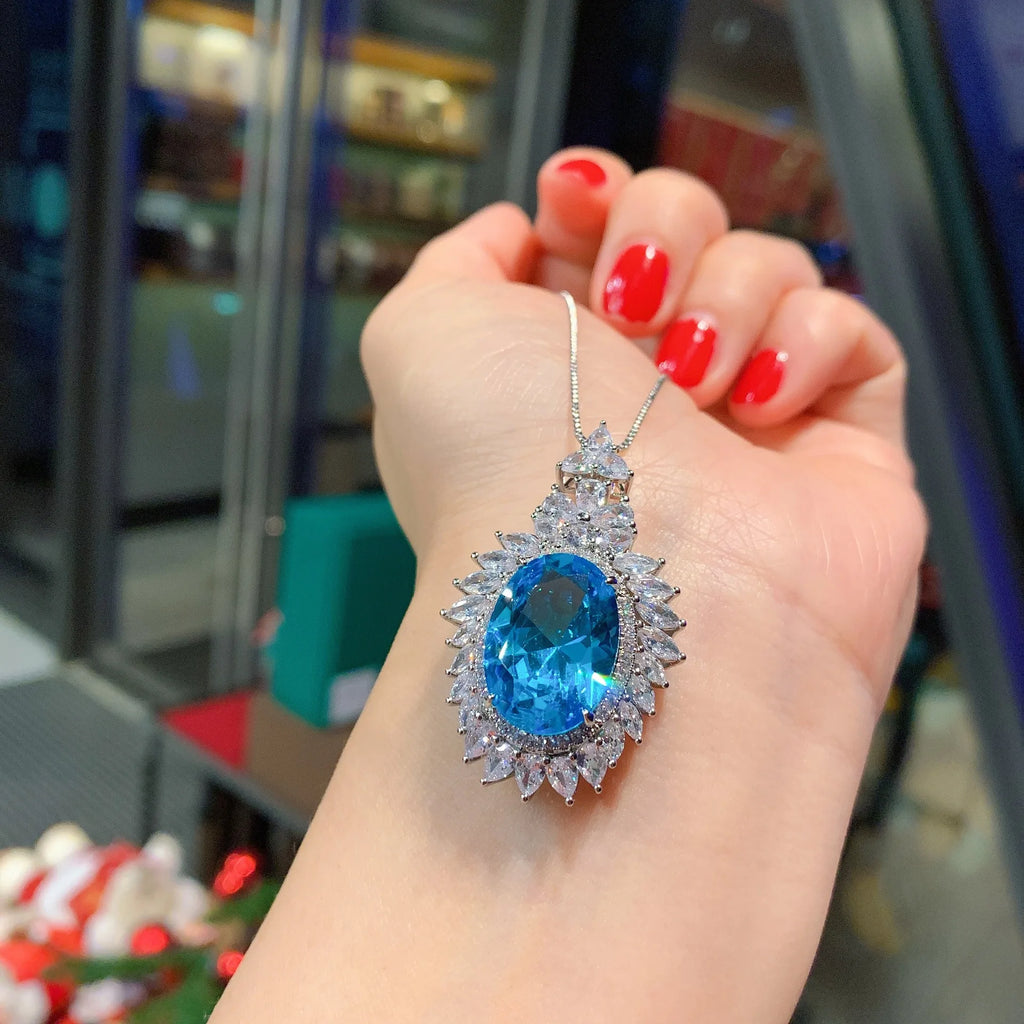 Silver Necklace High Carbon Diamond Tourmaline Paraiba Pendant